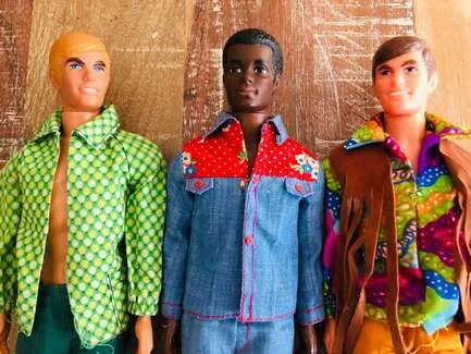 1971 Malibu Ken #1088, 1970 Brad #1542, 1971 Live Action Ken #1159 (l to r)