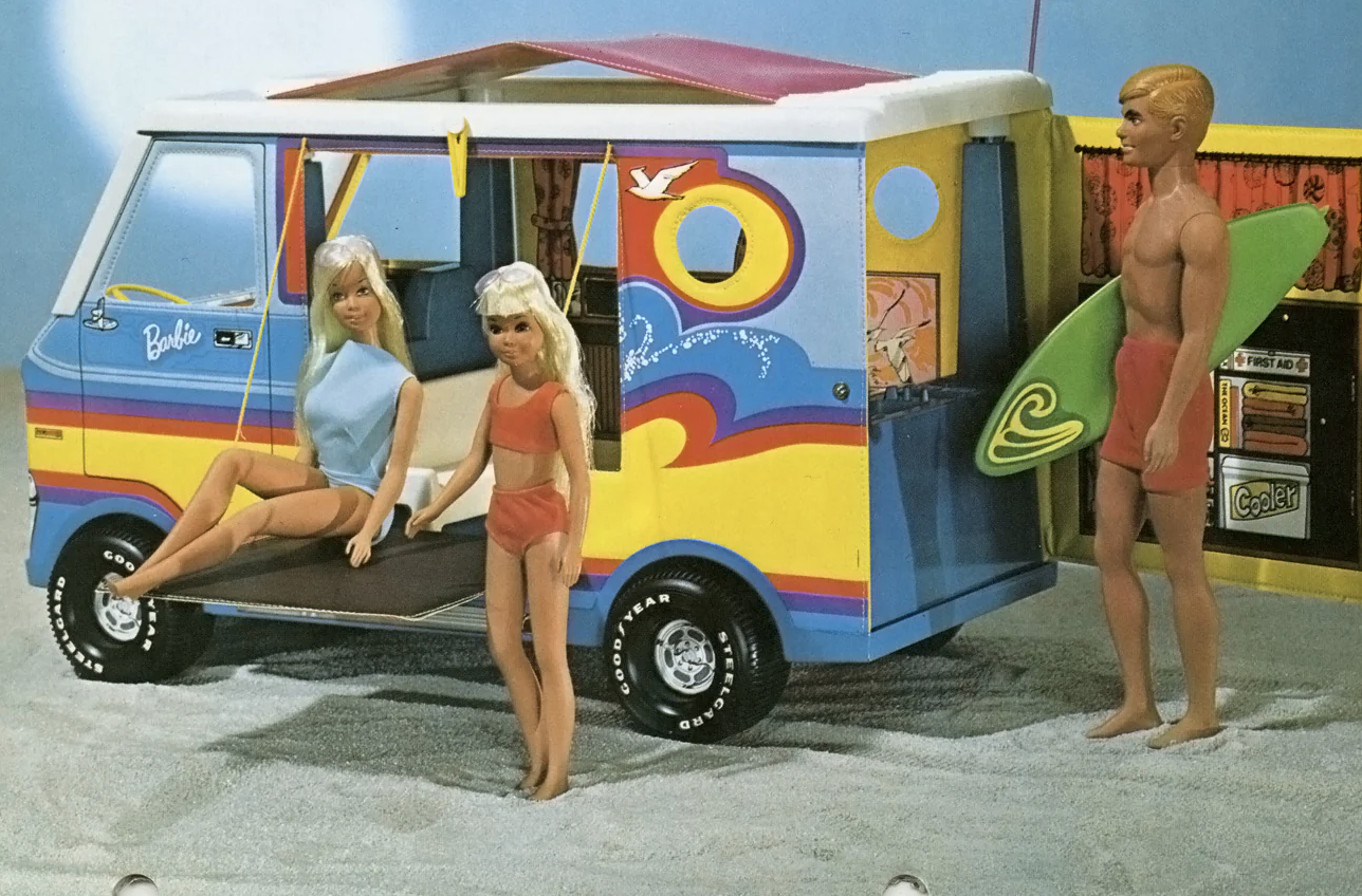 Malibu Barbie, little sister Skipper and Ken at the beach with their camper