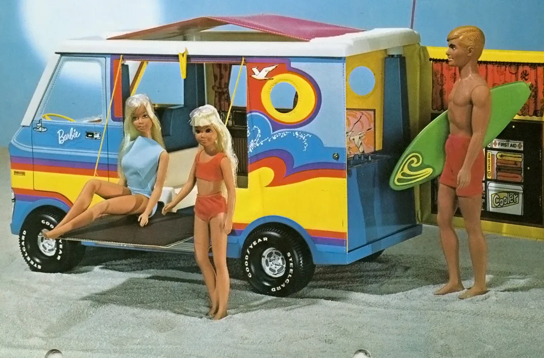 Malibu Barbie, little sister Skipper and Ken at the beach with their camper